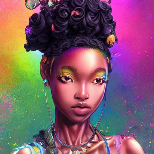 Prompt: the portrait of the absurdly beautiful, graceful, elegant, gorgeous, sensual black young anime goddess made of rainbow crystals, an ultrafine hyperdetailed illustration by kim jung gi, irakli nadar, intricate linework, bright colors, octopath traveler, final fantasy, unreal engine 5 highly rendered, global illumination, radiant light, intricate environment, 8 k