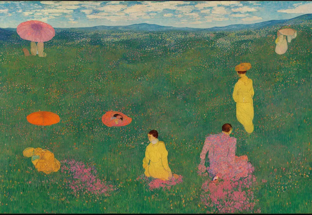 Prompt: painting at his easel on a hill in a blooming meadow ; at horizon, toxic dark fumes from a factory. night with fireflies, vivid iridescent colors. agnes pelton, egon schiele, henri de toulouse - lautrec, utamaro, monet