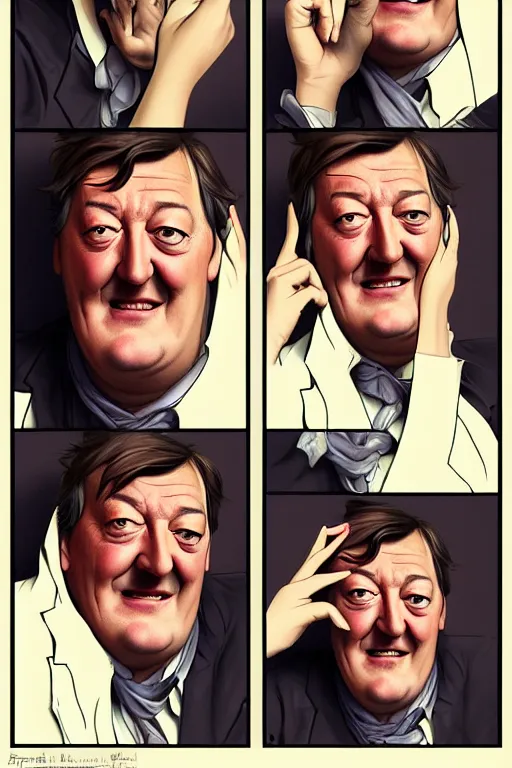 Prompt: stephen fry winking his left eye at the camera, in the style of art by artgerm and greg rutkowski and alphonse mucha
