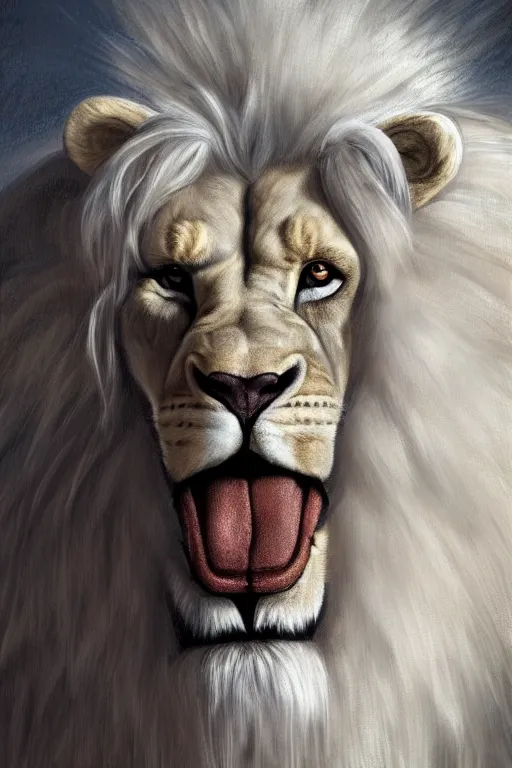 Prompt: painted portrait of rugged anthro furry albino lion as a god of thunder, greek god, white fur, masculine, powerful, handsome, upper body, white robe, muscular, hairy torso, fantasy, intricate, elegant, highly detailed, digital painting, artstation, concept art, smooth, sharp focus, illustration, art by gaston bussiere and magali villeneuve