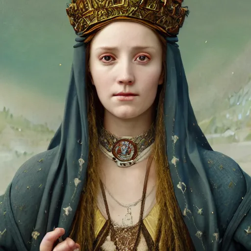 Image similar to a highly detailed portrait of a medieval icelandic princess, beautiful detail and color, art by john collier and albert aublet and krenz cushart and artem demura and alphonse mucha, volumetric lighting, octane render, 4 k resolution, matte, sharp focus, illustration, art by jacque - louis david, baroque style