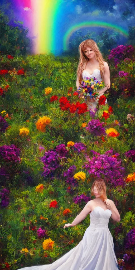 Prompt: oil painting of a dinosaur wearing a wedding dress, rainbow in background, flower field, atmospheric, beautiful, cinematic, detailed, fullbody portrait, 4 k, 8 k