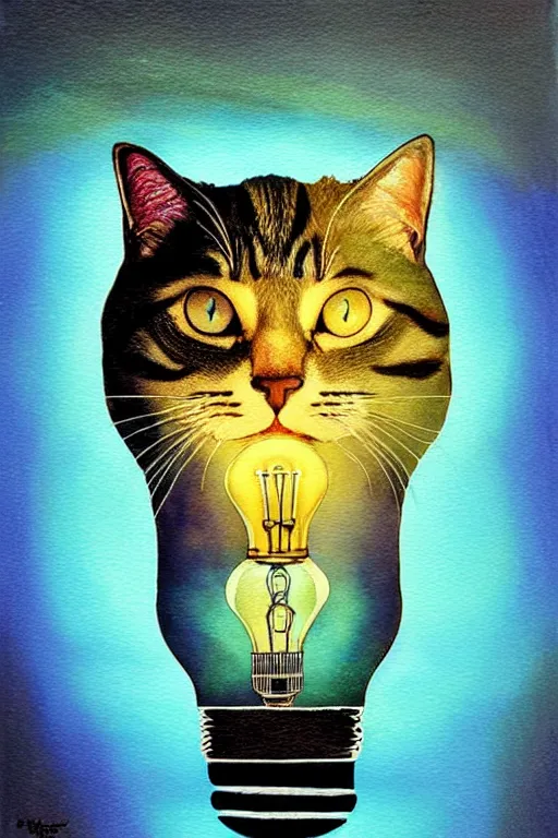 Prompt: portrait of a cat inside a light bulb, modern fine art, dreamscape, intricate, elegant, subsurface scattering, highly detailed, pop art painting, organic acrylic flow art, psychedelic fractal art, acrylic art, watercolor, featured on deviantart, cgsociety