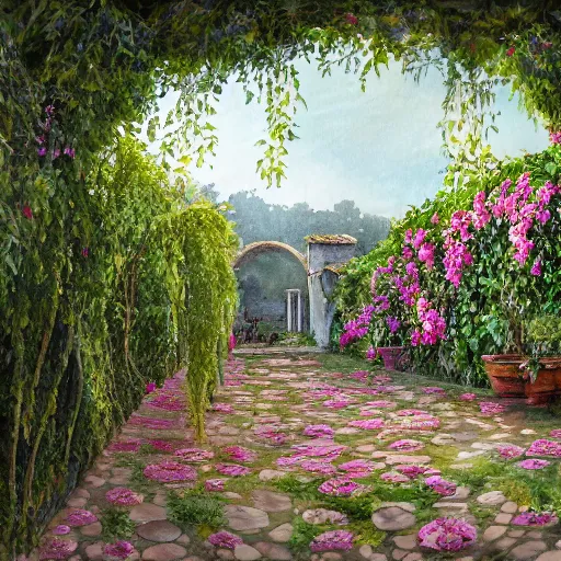 Prompt: delicate garden on paper, floating robes, puffy, vines, botanical herbarium, botanic watercolors, coastline, iridescent, 8 k wide angle, realistic shaded, fine details, artstation, italian, rainbow, colonnade, oak, pinecone, gardena architecture, pompeii, naples, sicilian, boundary wall