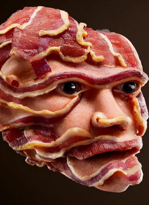 Image similar to bacon in the shape of a human face, human face made out of bacon, kevin bacon made out of bacon, professional food photography, unreal engine