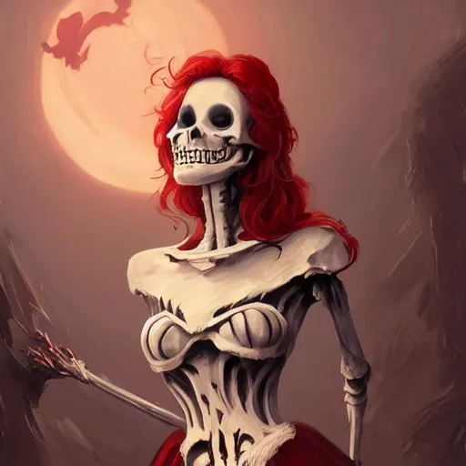 Prompt: cute & beautiful smug smiling undead skeleton girl with red hair dressed as a witch, elegant, digital art, fantasy, pixar style, painting, pin up, highly detailed, artstation, art by artgerm, vrubel, greg rutkowski, ilya kuvshinov, raymond swanland