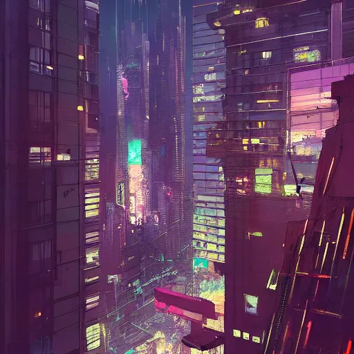 Prompt: looking outside from a penthouse suite at the top of the highest skyscraper in the middle of a cyberpunk city at night, very detailed, ismail inceoglu, beeple, trending on artstation, cinematic