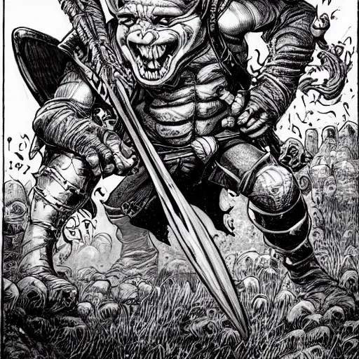 Prompt: precisely drawn illustration of goblin wolfrider, wide angle, sharp, fine details, french comic style, vibrant realistic colors, full color, heroic fantasy, intense line art, 8 k, precise linework, realistic, in the style of heavy metal comics and richard corben and moebius