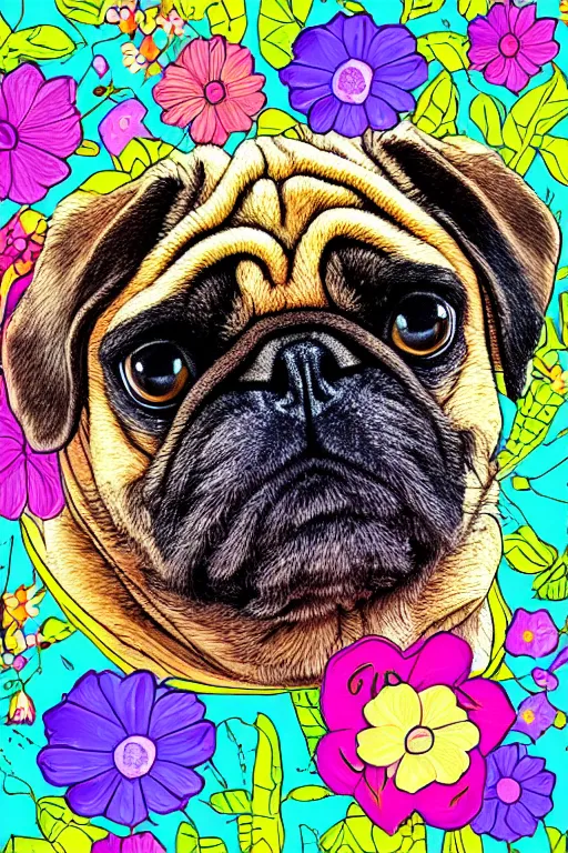 Image similar to portrait of a flower rambo pug, art by milka oxana, sticker, colorful, illustration, highly detailed, simple, smooth and clean vector curves, no jagged lines, vector art, smooth