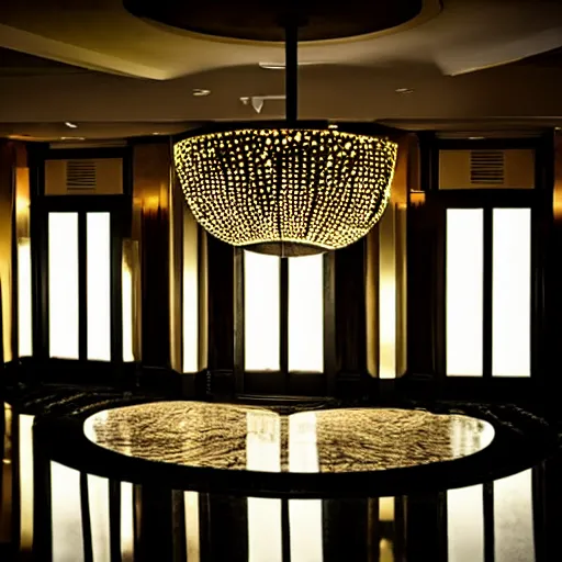 Image similar to empty dark spooky hotel lobby, chandelier, 8K, realistic, liminal space, creepy, low light