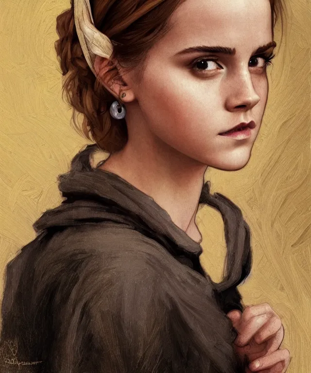 Image similar to Emma Watson as the girl with the pearl earring, highly detailed, digital painting, artstation, concept art, smooth, sharp focus, illustration, ArtStation, art by artgerm and greg rutkowski and alphonse mucha and J. C. Leyendecker and Edmund Blair Leighton and Katsuhiro Otomo and Geof Darrow and Phil hale and Ashley wood and Ilya repin and Charlie Bowater