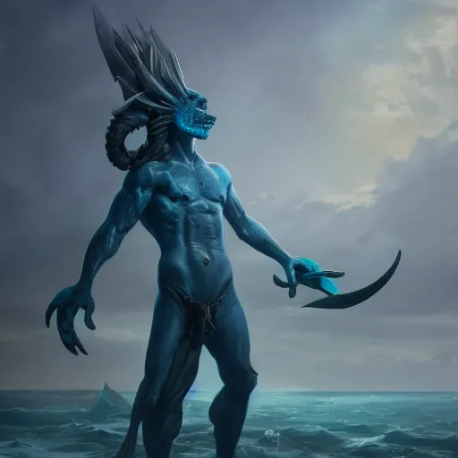 Prompt: a dramatic portrait of a triton warlock, blue skin, sharklike person, standing on a ship deck by Greg Rutkowski, ultra realistic, photorealistic 8k, cinematic lighting, HD, high detail, atmospheric, trending on artstation