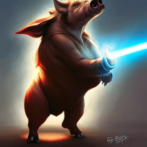 Prompt: cute anthropomorphic boar full as an jedi in a spaceship, body portrait, divine lightning, by greg rutkowski, by charlie bowater