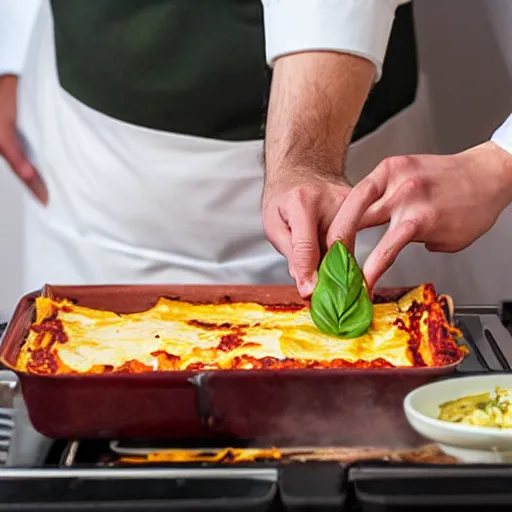 Prompt: platypus wearing a chef hat while cooking a lasagna with three basil leaves over the lasagna