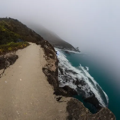 Prompt: POV bicycle: on a rocky path, Rider's first person holding the handlbars, point of view, GoPro, high 8k quality! entering the scary murky ocean, Fog. Ultrarealistic