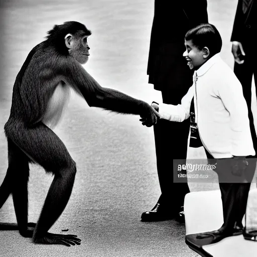 Image similar to a monkey in a jacket shakes hands with the president, a political channel, news.