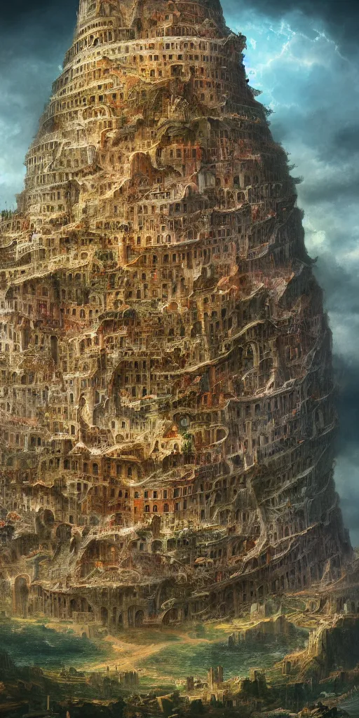 Prompt: tower of babel doom, hell on earth, Karlkka, trending on Artstation, 8K, highly detailed, vibrant colors