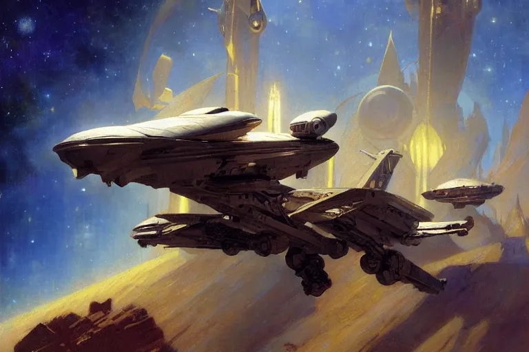 Prompt: spaceship, painting by gaston bussiere, craig mullins, j. c. leyendecker, tom of finland