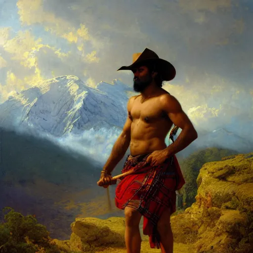 Prompt: a dramatic epic beautiful painting of a shirtless desi man on a mountain path | he is wearing a scottish plaid kilt and cowboy hat, and holding a walking stick | background is mountains and clouds | dramatic lighting, golden hour, homoerotic, art by highly detailed painting by gaston bussiere, craig mullins, j. c. leyendecker 8 k
