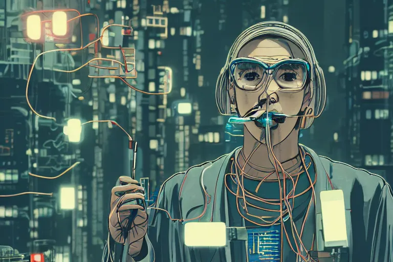 Image similar to man with wires on his head and a cigarette in his mouth, cyberpunk art by hayao miyazaki, behance contest winner, panfuturism, circuitry, darksynth, future tech