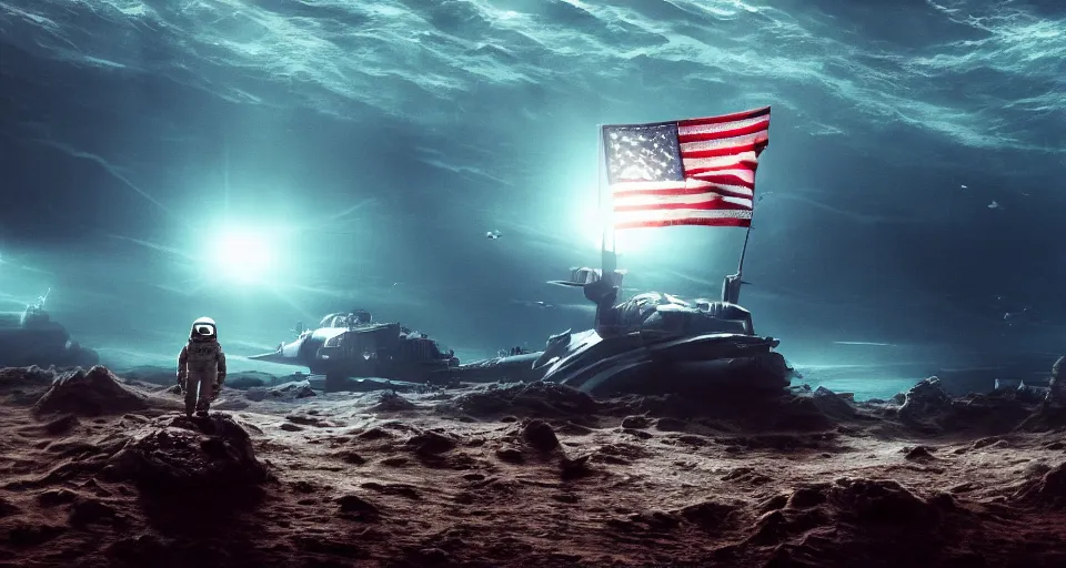 Image similar to astronaut holding a flag in an underwater desert. a submarine is visible in the distance. dark, concept art, cinematic, dramatic, atmospheric, 8 k, trending on artstation, blue, fish, low visibility, fog, ocean floor, christopher nolan, interstellar