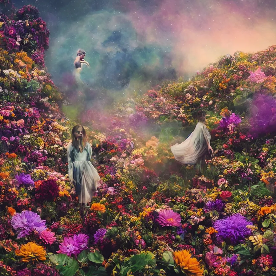 Image similar to a planet of various flowers, fungus and plants, in which the human figure is dressed in something magical and impressive, inside the picture is infinity, sunset light, Atmospheric phenomenon, artistic photography, muted colors, conceptual, long exposure outside the city