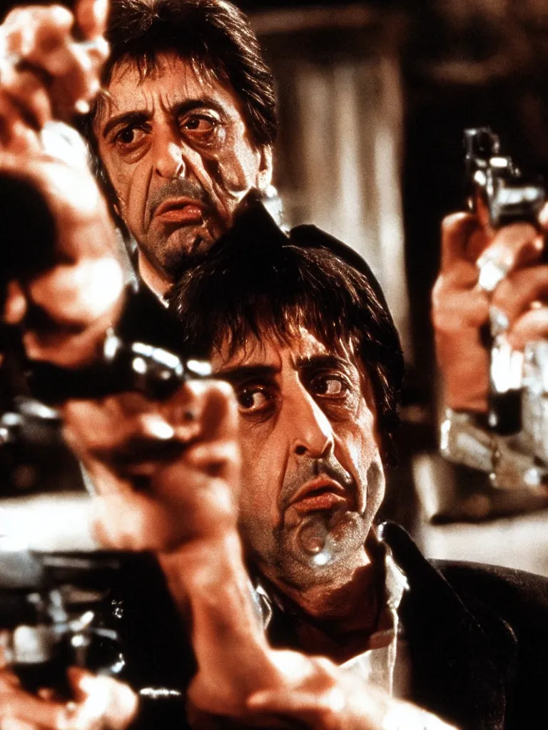 Image similar to medium shot. cogerent eyes. detailed face. al pacino as scarface. scarface movie. posterization.