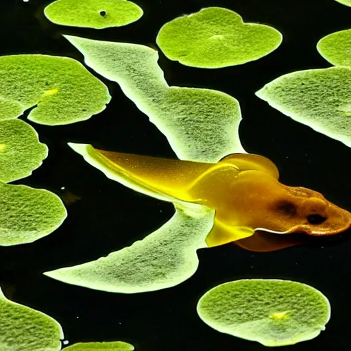 Prompt: geometric tadpole in clear water with lilly pads