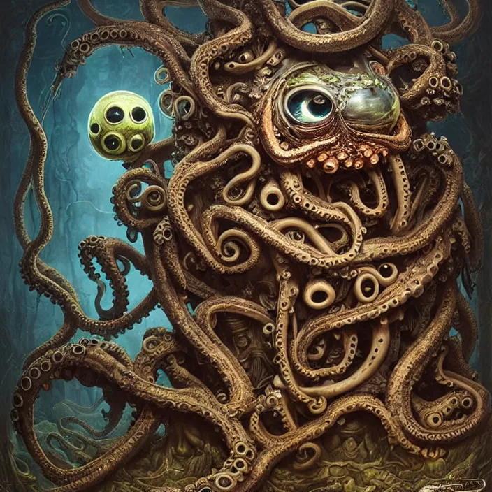 Image similar to biomechanical creature with big octopus head and ( glowing ) eyes guarding an ancient chest in a mystic swamp, gothic and baroque, brutalist architecture, ultradetailed, intricate by ellen jewett and josan gonzalez and giuseppe arcimboldo