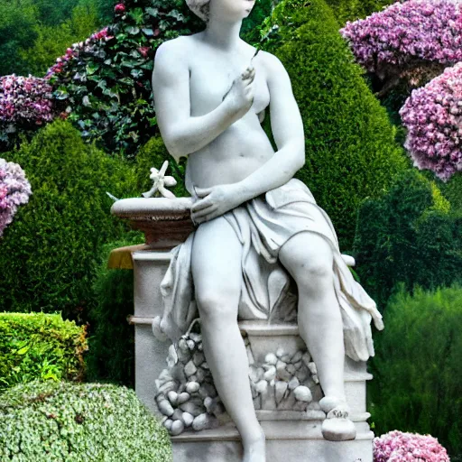 Image similar to delicate marble statue in a garden, stony, puffy, botanical herbarium paper, botanic, watercolors, pencil, iridescent colors, 8 k, realistic shaded, fine details, artstation, italian, colonnade, hydrangea, vines, gardena architecture, pompeii