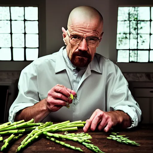 Image similar to walter white eating asparagus, photography