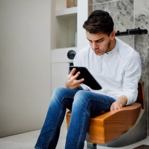 Image similar to a thoughtful young man sitting on a white marble toilet attentively staring at his smartphone, distant thoughtful look, modern apartment renaissance style