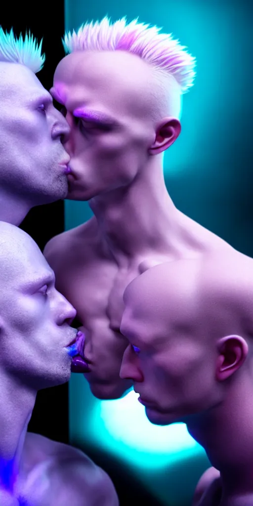 Prompt: hyperrealistic close-up of beautiful albino man kissing another man with purple hair and pearlescent blue skin james paick machiej kuciara very dramatic neon lighting on one side wide angle 35mm shallow depth of field