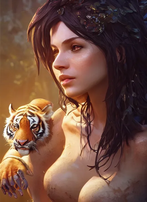 Image similar to nidalee, au naturel, hyper detailed, digital art, trending in artstation, with a tiger, cinematic lighting, studio quality, smooth render, unreal engine 5 rendered, octane rendered, art style by klimt and nixeu and ian sprigger and wlop and krenz cushart