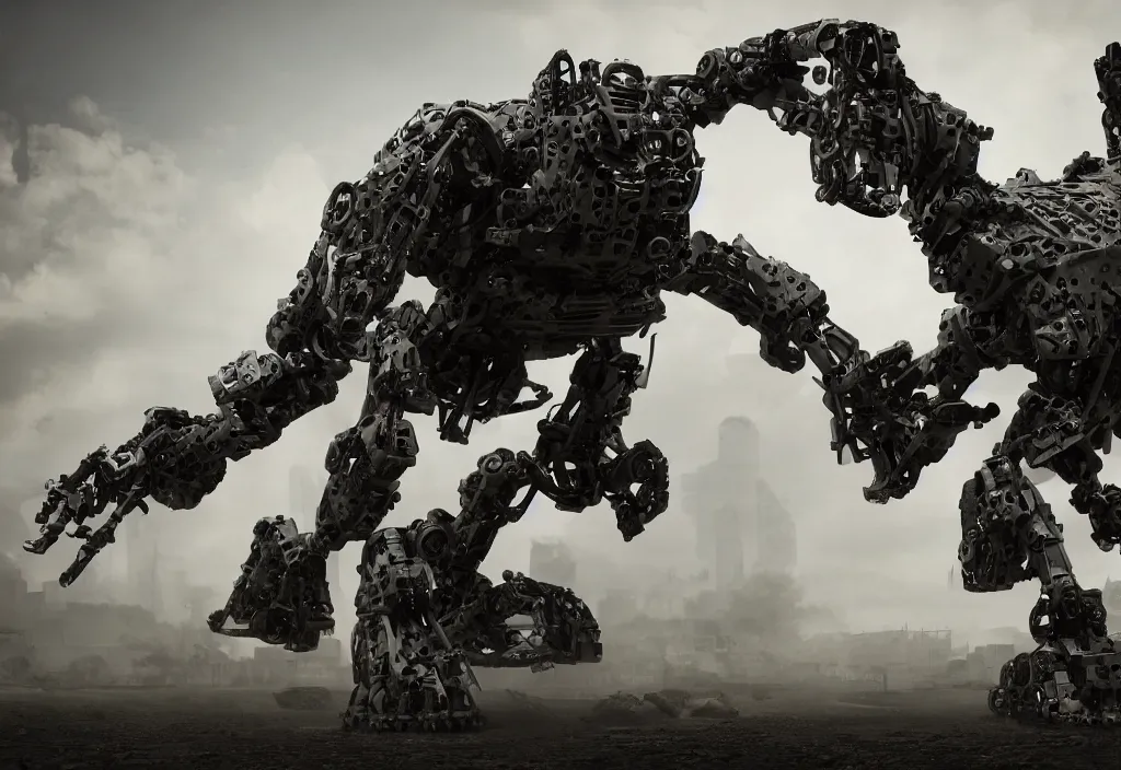Prompt: military quadruped tiger shaped mech, with black carbon fibre muscular limbs, sinew, intricate parts, parametric design, pistons, robotics, modern, on an empty grimy concrete background, weta, cinematic, realistic, stylised, unreal engine, hyper realistic, octane render