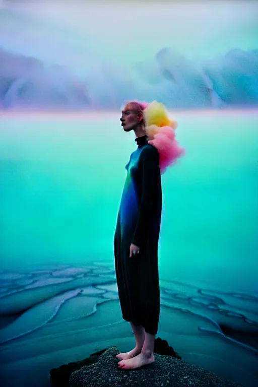 Image similar to high quality pastel coloured film close up wide angle photograph of a model wearing clothing swimming on cloud furniture in a icelandic black rock!! environment in a partially haze filled dreamstate world. three point light, rainbow. photographic production. art directed. pastel colours. volumetric clouds. pastel gradient overlay. waves glitch artefacts. extreme facial clarity. 8 k. filmic.