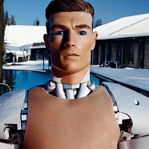 Image similar to made of ice, a realistic detailed photo of a guy who is an attractive humanoid who is half robot and half humanoid, who is a male android, on display, blank stare, showing off his muscles, shiny skin, posing like a statue, by the pool, frozen ice statue, f 1 driver max verstappen, humanoid robot