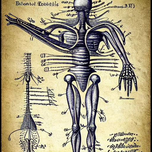 Prompt: 1 2 century scientific schematics alien anatomy, handwriting annotations!!!, blueprint, patent registry