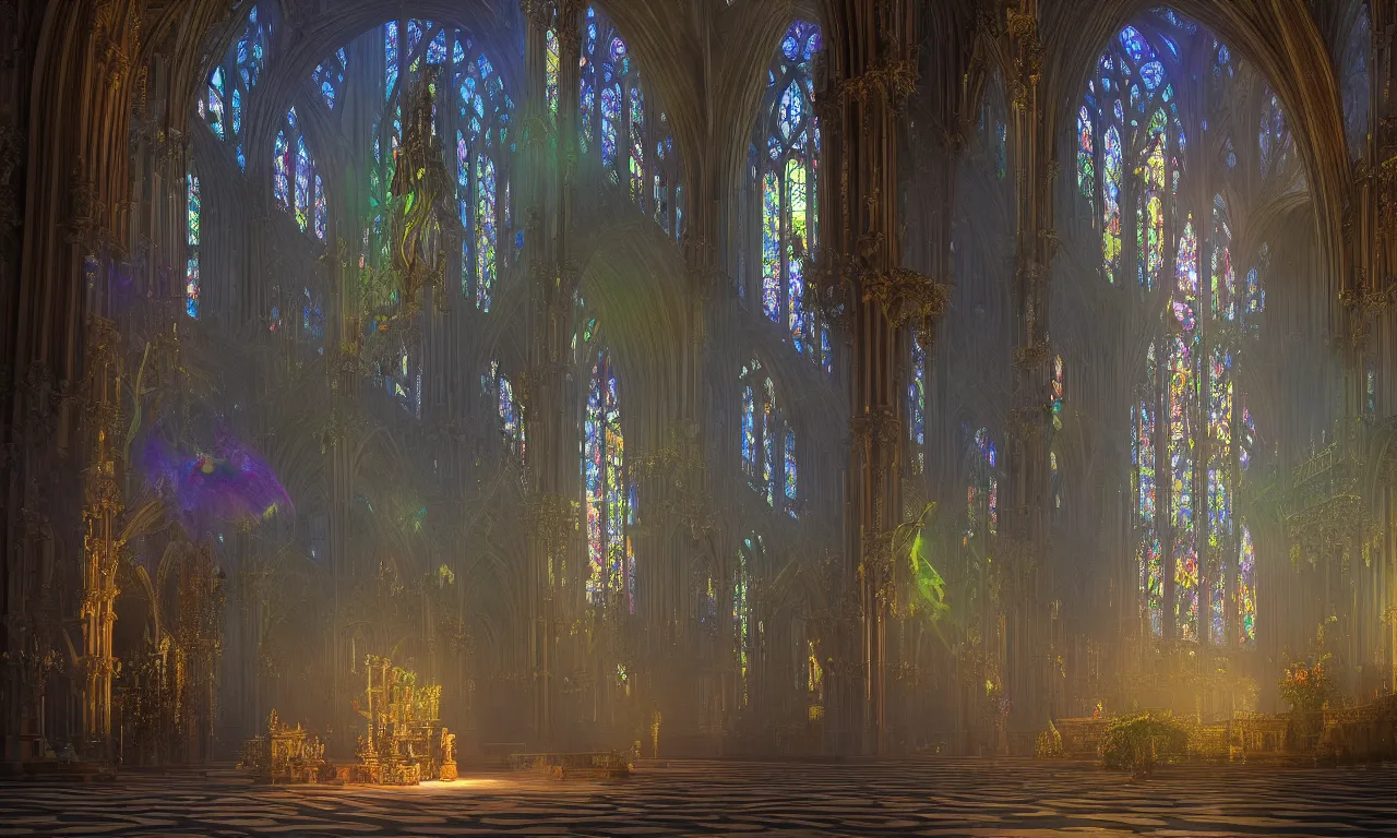 Prompt: a luminous springtime fairytale of a large iridescent dragon playing a magical instruments in a gothic cathedral with stained glass windows, in the style of Ferdinand Knab, warm volumetric lighting, rendered in Octane, trending on CGSociety