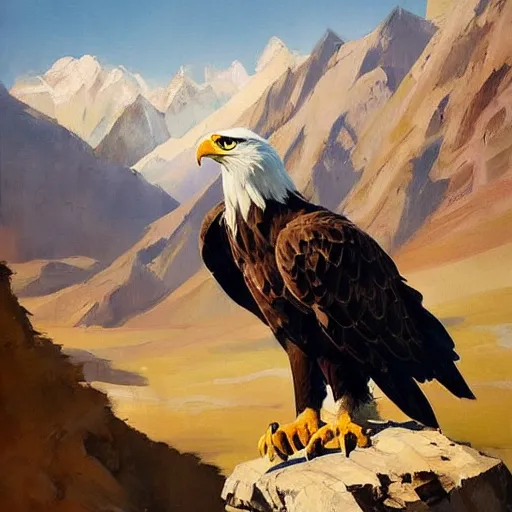 Image similar to greg manchess painting of eagle hunter sitting on the background of mountains in kyrgyzstan, medium shot, asymmetrical, organic painting, sunny day, matte painting, bold shapes, hard edges, street art, trending on artstation, by huang guangjian and gil elvgren and sachin teng