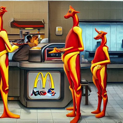Prompt: a beautiful painting of jar jar binks working at McDonald's taking orders for a group of wookies