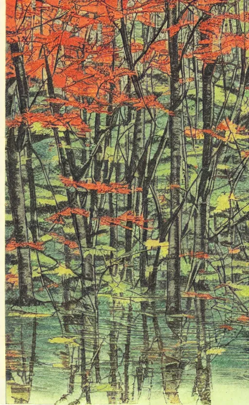 Image similar to by akio watanabe, manga art, a maple forest opens to big water pond, fall season, trading card front