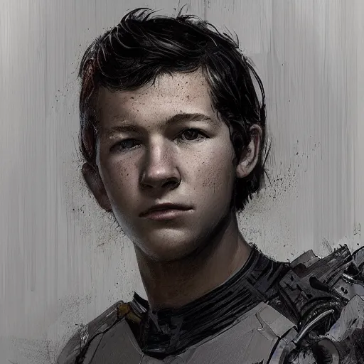 Image similar to portrait of a man by greg rutkowski, he looks like tye sheridan, he is about 2 0 years old, messy brown hair, tired eyes, he is wearing a black and white kevlar superhero suit, highly detailed portrait, digital painting, artstation, concept art, smooth, sharp foccus ilustration, artstation hq