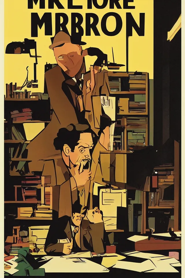 Prompt: color poster of Philip Marlowe at his desk by Mike Mignola and Darwyn Cooke