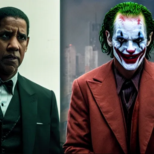 Image similar to film still of Denzel Washington, Denzel Washington, Denzel Washington as joker in the new Joker movie