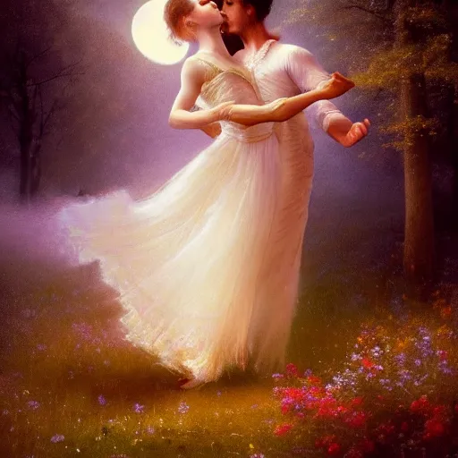 Image similar to the moonlit dance of the fae, dancers in white dancing across a flower meadow the moonlit dance by elena vizerskaya and ivan aivazovsky, perfectly detailed, artstation, sharp focus, highly detailed, studio photography