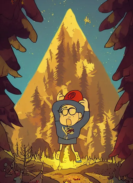 Prompt: Russian bootleg gravity falls poster, dramatic theming, mood lighting, unfortunate, hand painted cartoon art style, brutal, autumn, golden sunset, nostalgia, scenic, with text, 8k, award winning