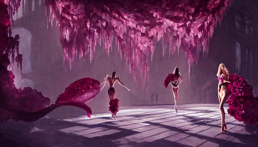 Image similar to victoria secret runway show, light, shadows, reflections, flowers, epic composition, intricate, elegant, volumetric lighting, digital painting, highly detailed, artstation, sharp focus, illustration, concept art, ruan jia, steve mccurry, wlop, artgerm, mina petrovic, timothy kong, marina federovna