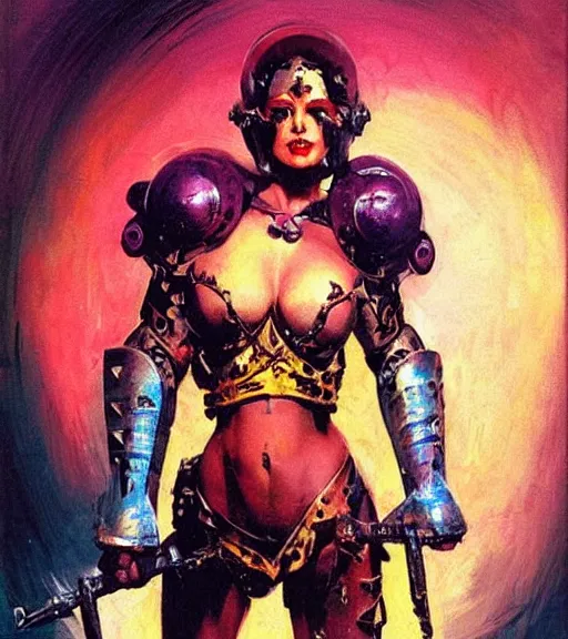 Image similar to portrait of strong female chaos angel, beautiful! coherent! by frank frazetta, by brom, strong line, vivid neon color, spiked metal armor, iron helmet maximalist