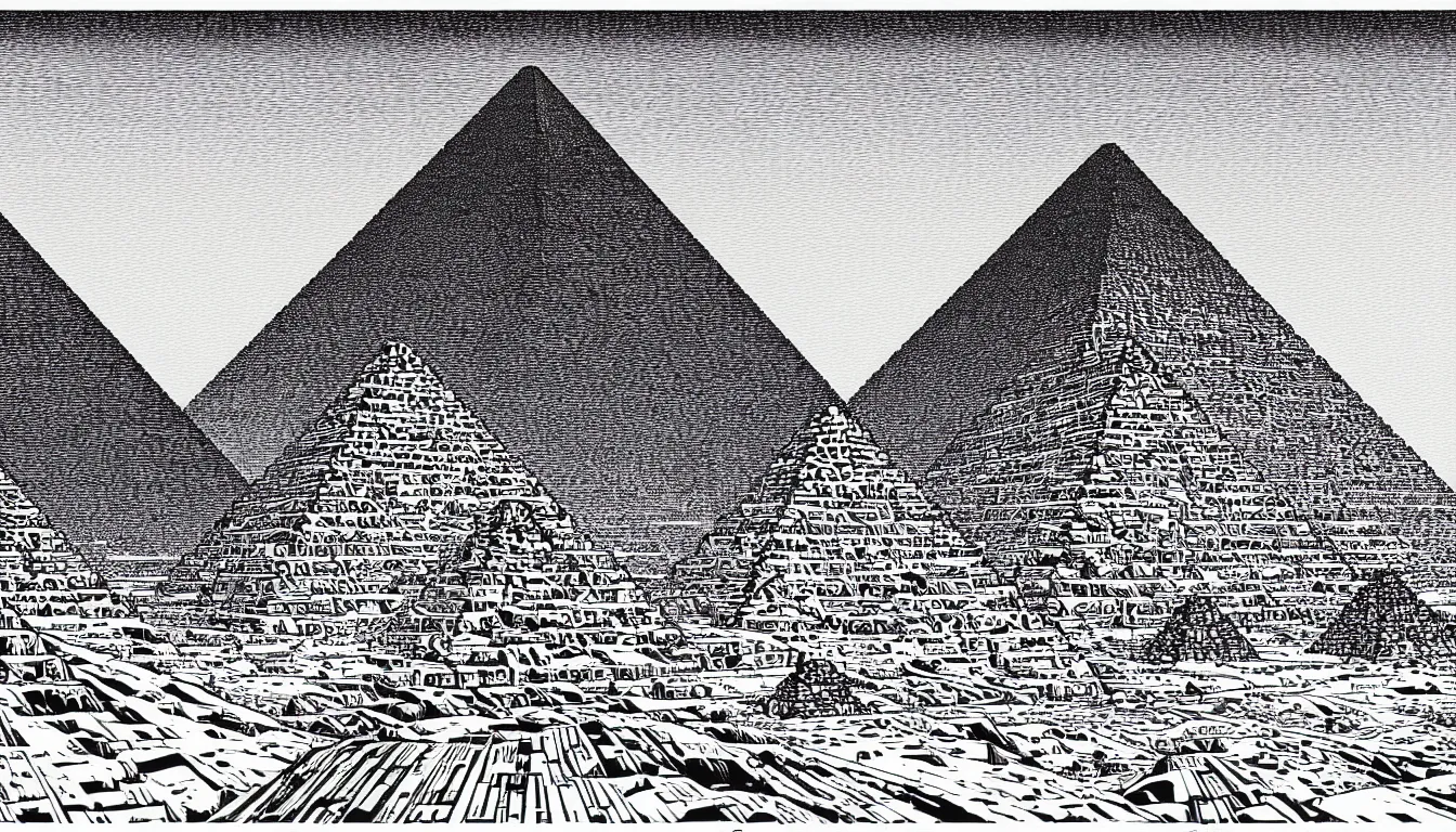 Image similar to pyramids of giza by woodblock print, nicolas delort, moebius, victo ngai, josan gonzalez, kilian eng